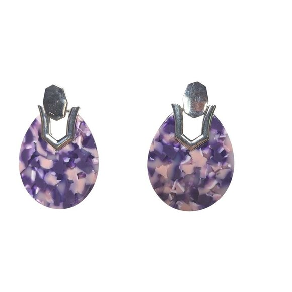 Pink Purple Acrylic Tortoise Shell Art Deco Dangle Statement Fashion Earrings - Picture 1 of 3